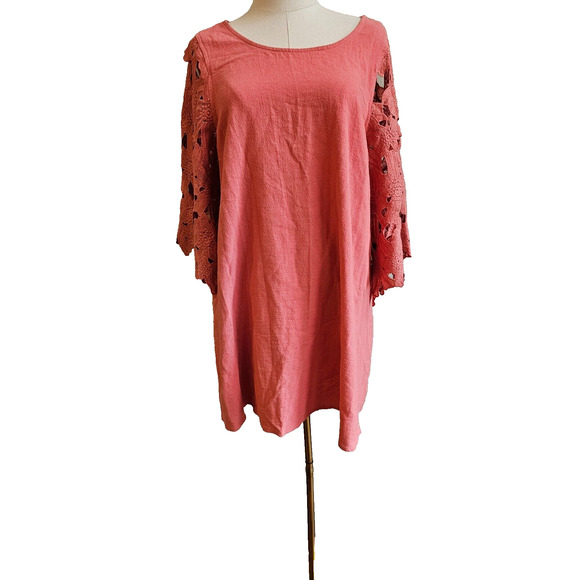 Umgee Babydoll Dress Dark Coral Orange Oversized Lace Bell Sleeves Autumn Medium - Picture 2 of 5